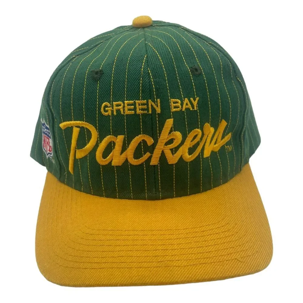 VTG Green Bay Packers‎ NFL Sports Specialties Script Pinstripe Snapback Hat Cap.